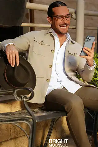 Men's slim safari coat in natural beige, button-front with flap pockets and spread collar