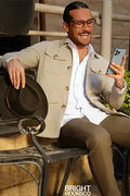 Men's slim safari coat in natural beige, button-front with flap pockets and spread collar
