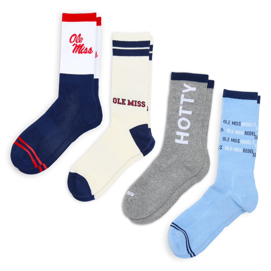 Pack of 4 crew socks with Ole Miss graphics in navy, cream, gray, and light blue