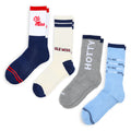 Pack of 4 crew socks with Ole Miss graphics in navy, cream, gray, and light blue