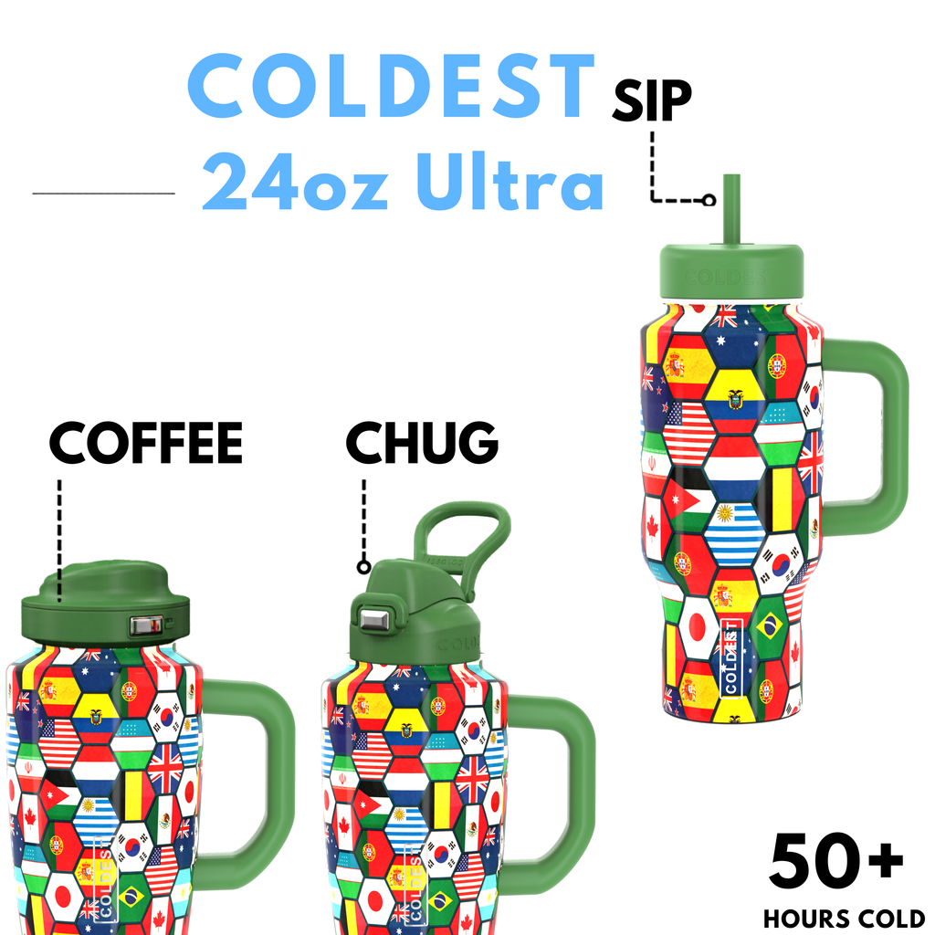 24oz ultra tumbler with handle and straw, multicolor patterned body in green