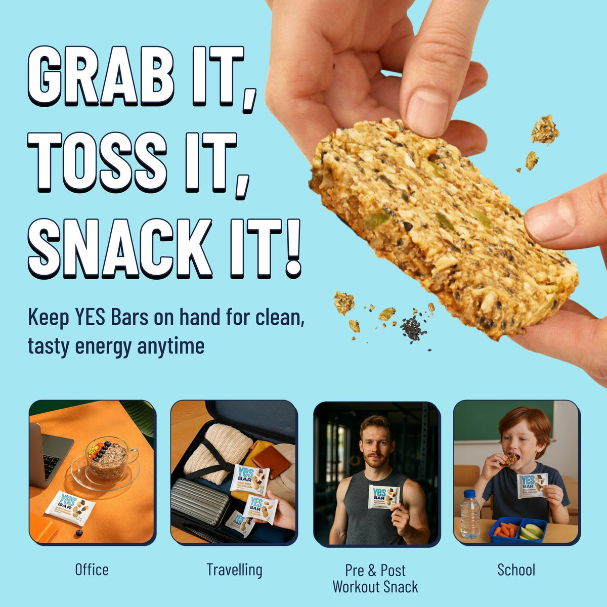 Black sesame sea salt snack bar being held and tossed, with pieces shown
