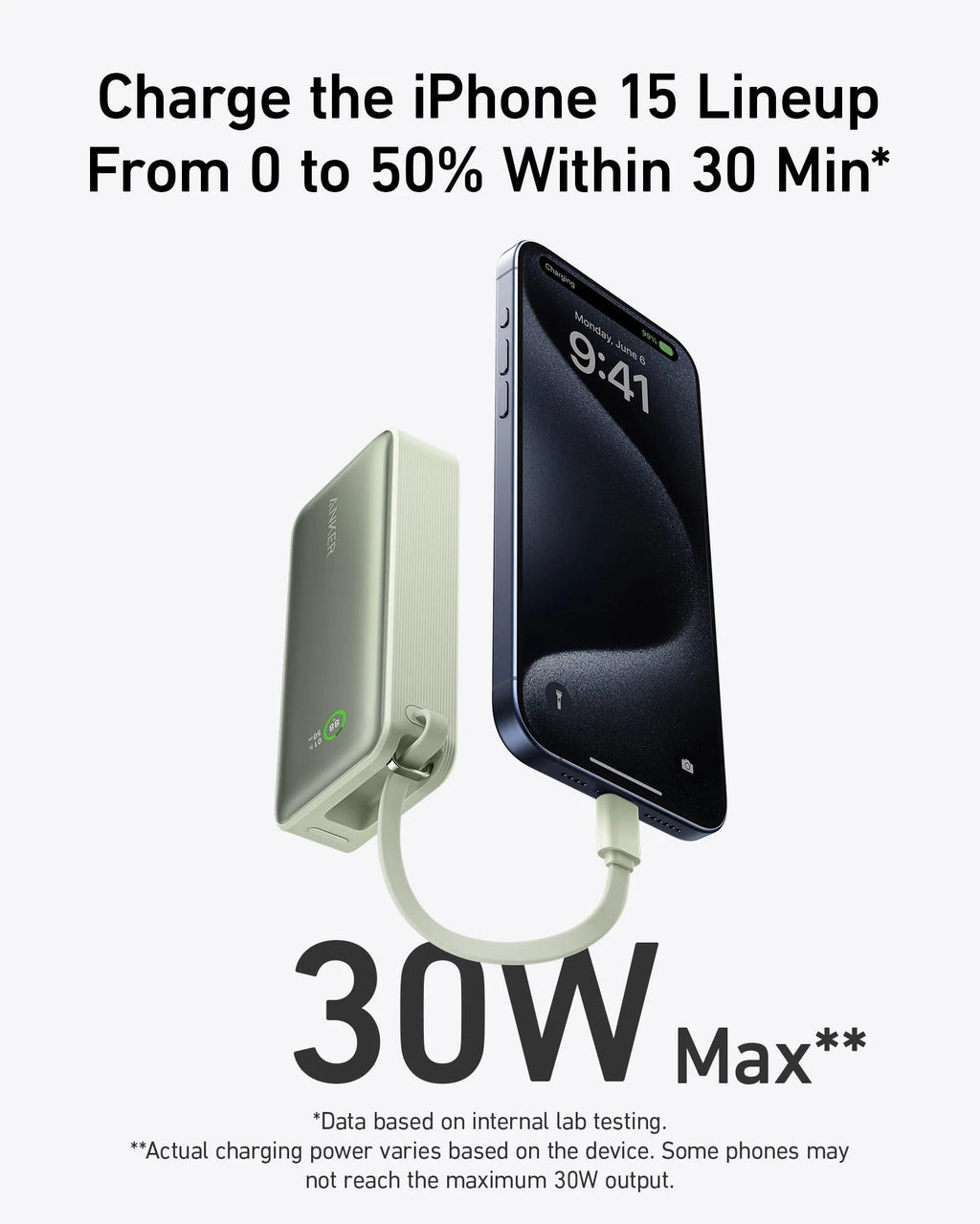 Green 30W Anker Nano power bank with built-in USB-C cable, charging a smartphone