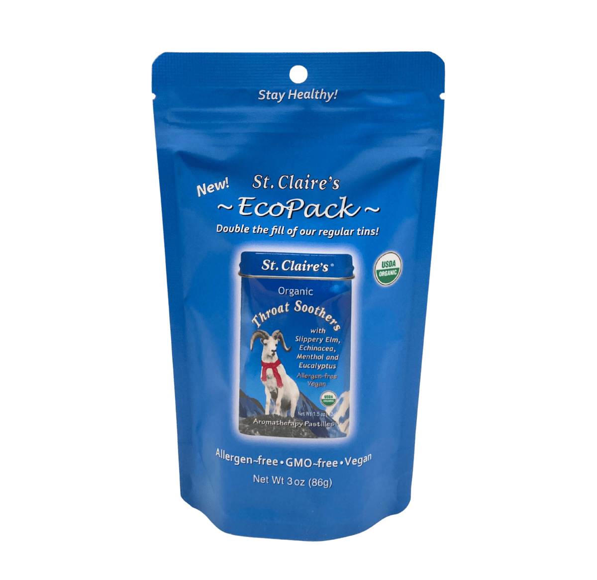 Organic throat soothers in blue stand-up refill pouch, St. Claire's