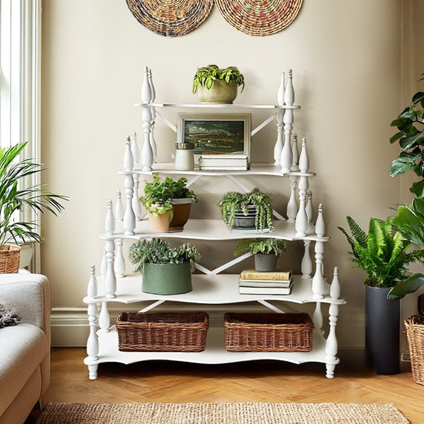 Distressed white French cottage etagere shelf with turned posts and five open tiers