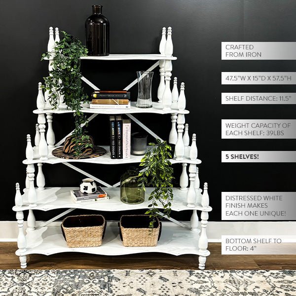 Distressed white etagere shelf unit with turned columns, X braces, and 5 tiers