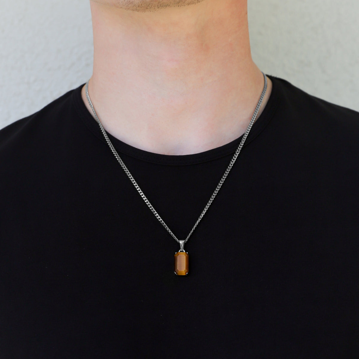 Tiger eye pendant necklace with silver-tone chain and rectangular stone
