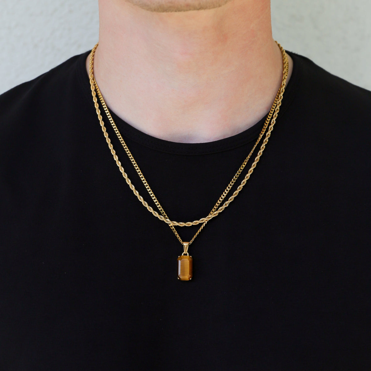 Tiger eye pendant necklace with gold-tone chain and rectangular tiger-eye stone