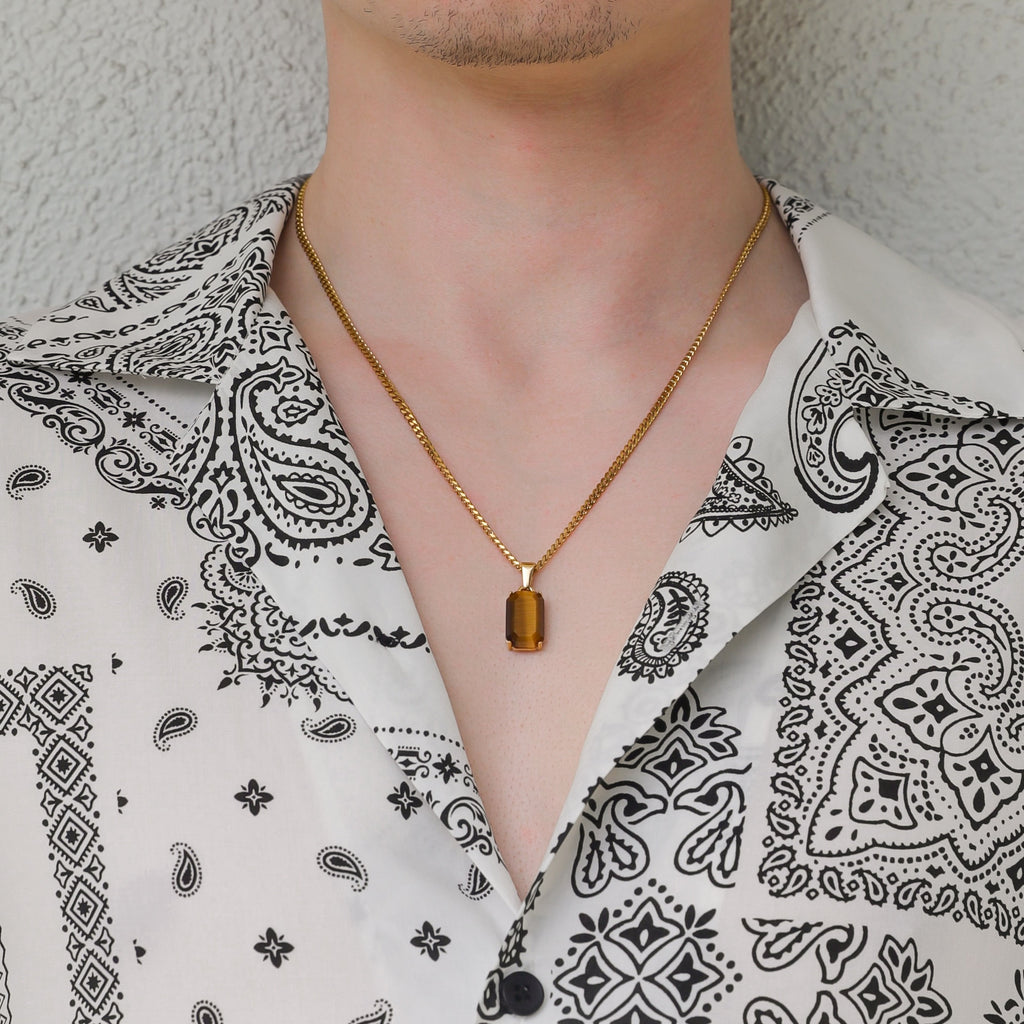 Tiger eye pendant necklace with gold-tone chain and rectangular stone