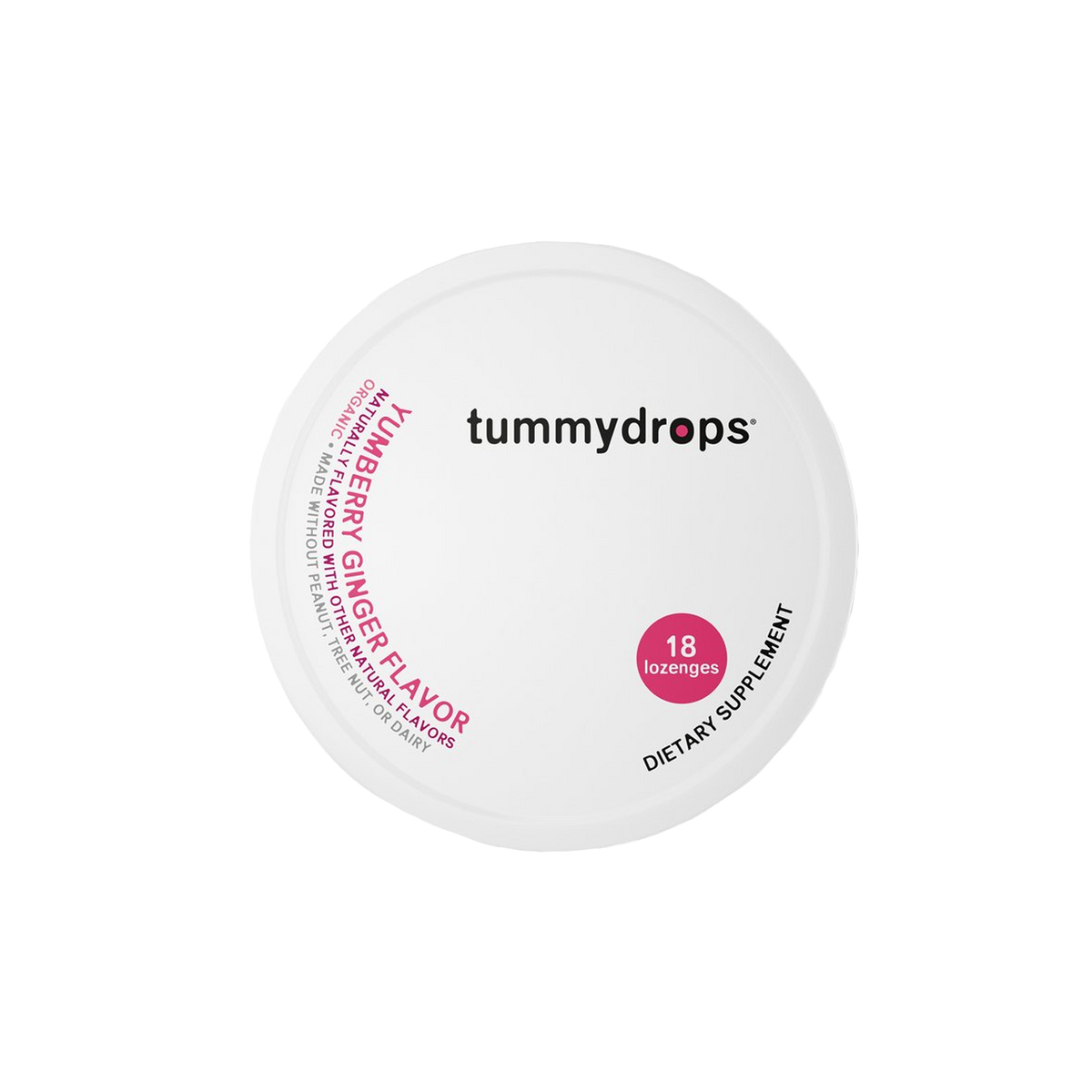 White tummydrops tin with 18 lozenges dietary supplement label