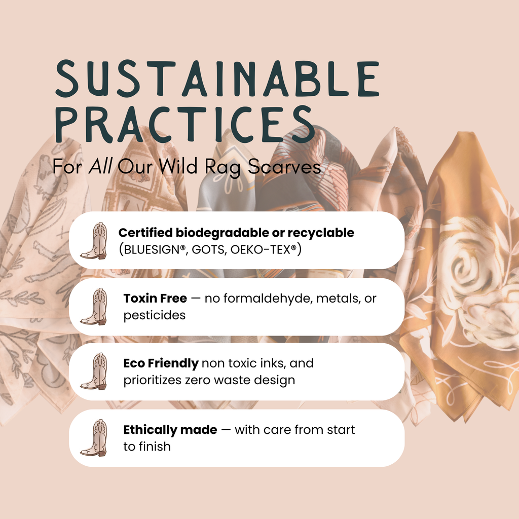 Sustainable practices info for wild rag scarves: biodegradable, toxin-free, eco-friendly, ethically made