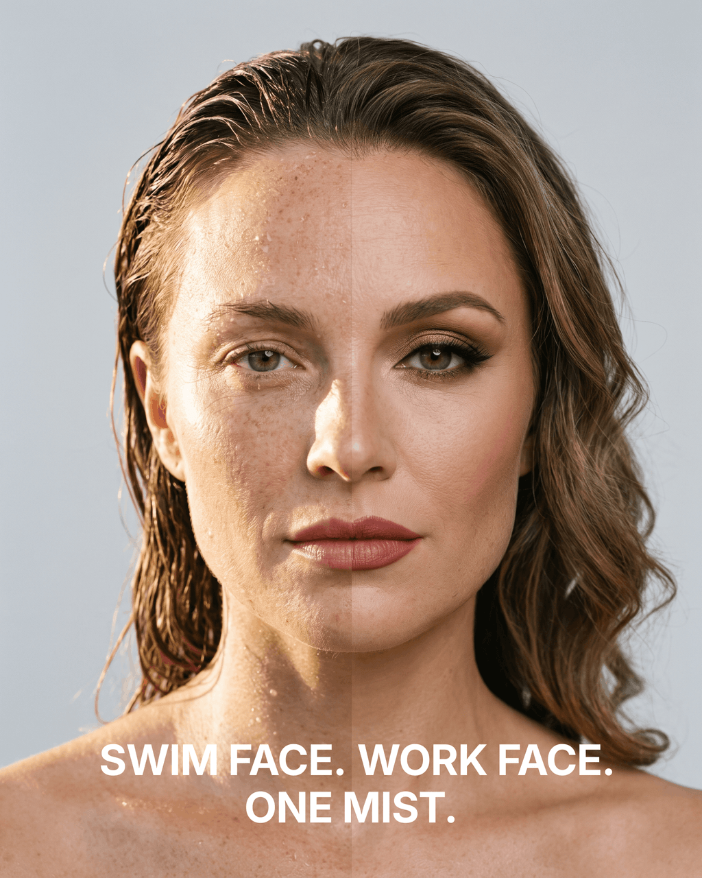 Model wearing Ecomist SPF 50 mineral mist on skin; bottle shown