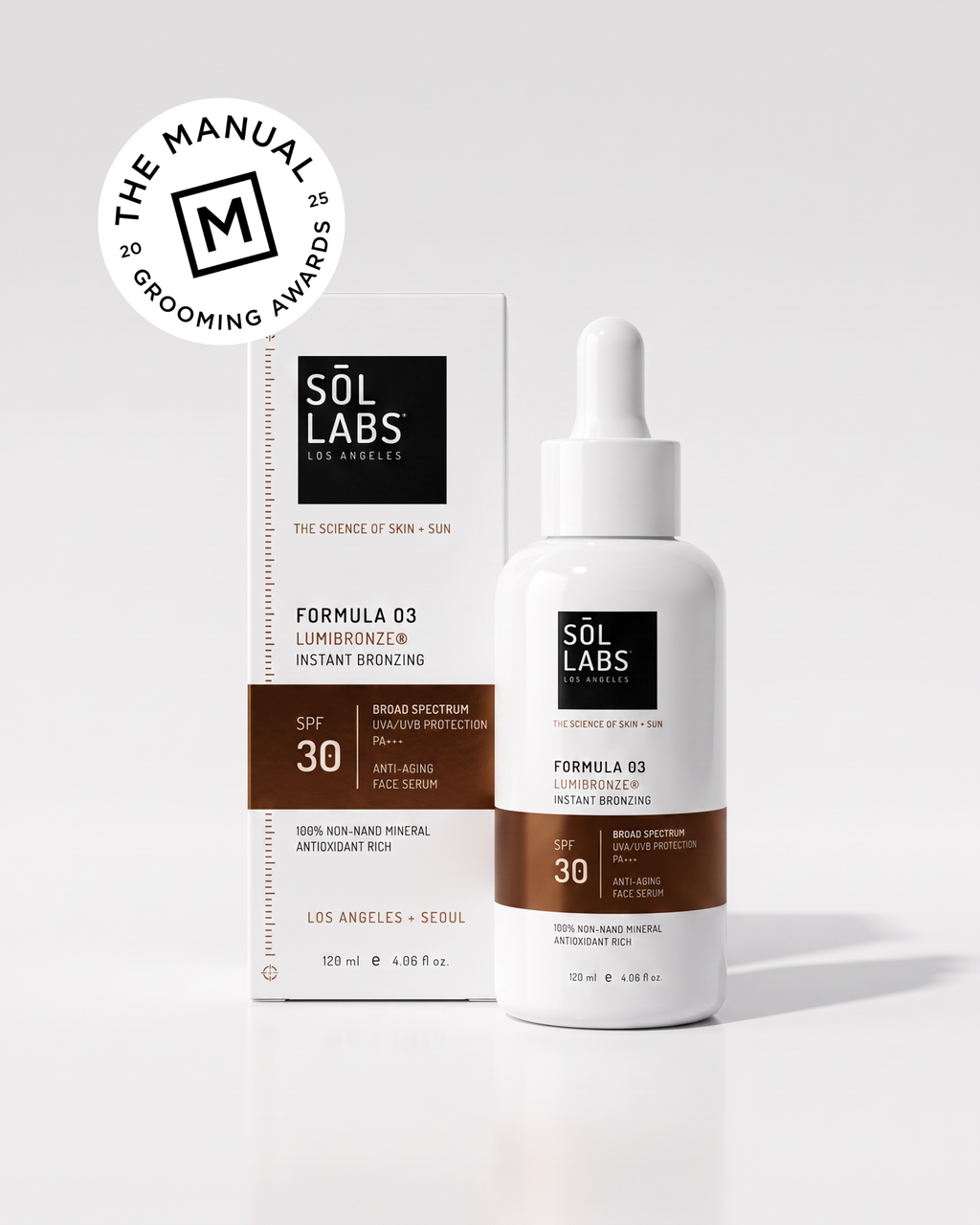 Bronzing face serum with white dropper bottle and box, SPF 30