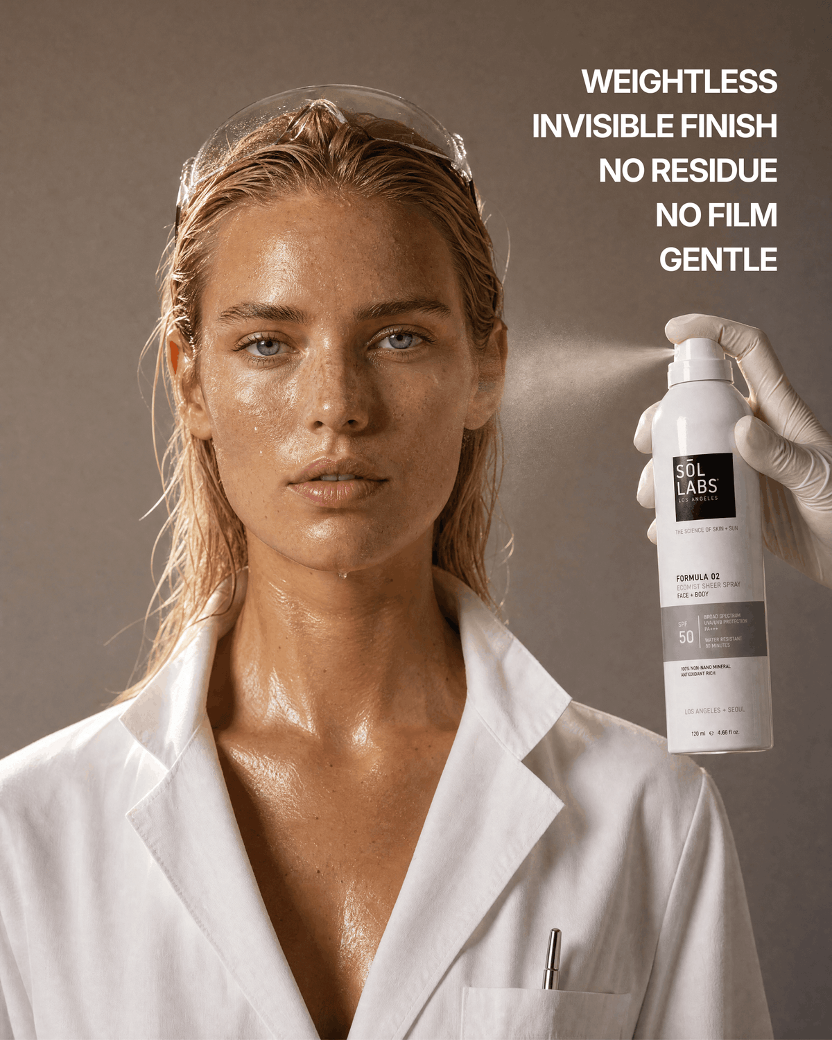 Ecomist SPF 50 mineral mist bottle with sheer application on face