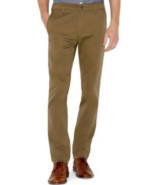 Men's stretch slim-fit trousers in olive, front view with waistband and belt loops