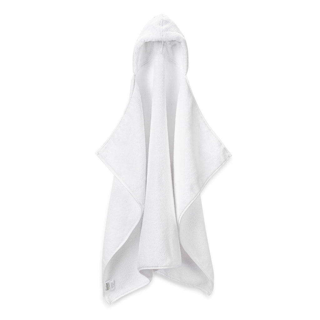 White hooded bath towel, folded with small hood and open robe front