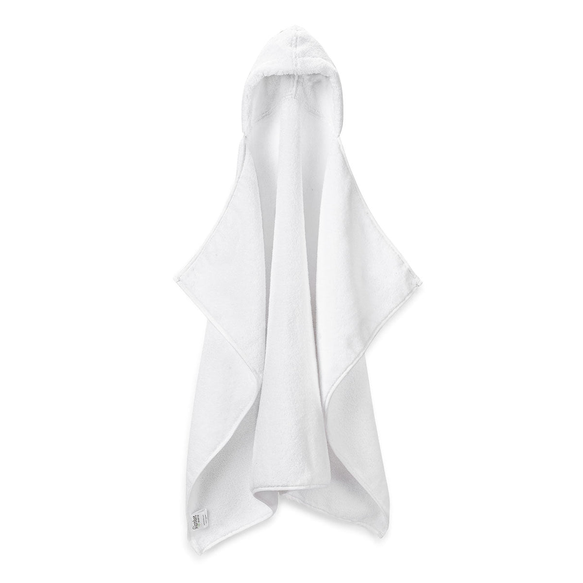 White hooded bath towel, folded with small hood and open robe front