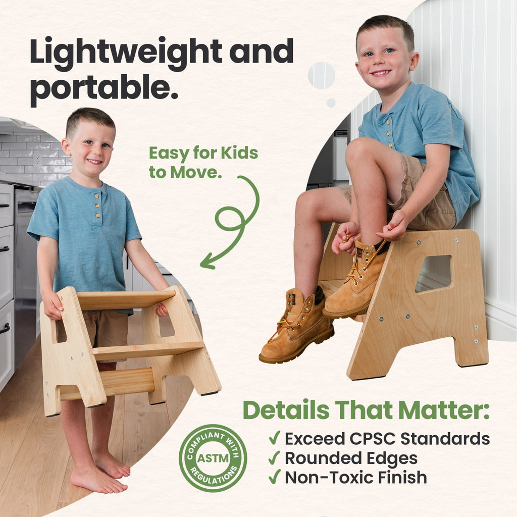 Natural wood 2-step toddler stool with rounded edges, cutout hand grips, and non-slip feet