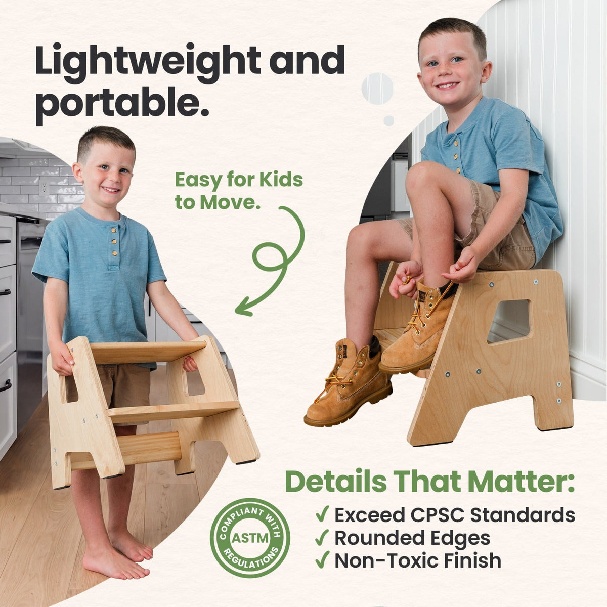 Natural wood 2-step toddler stool with rounded edges, cutout hand grips, and non-slip feet