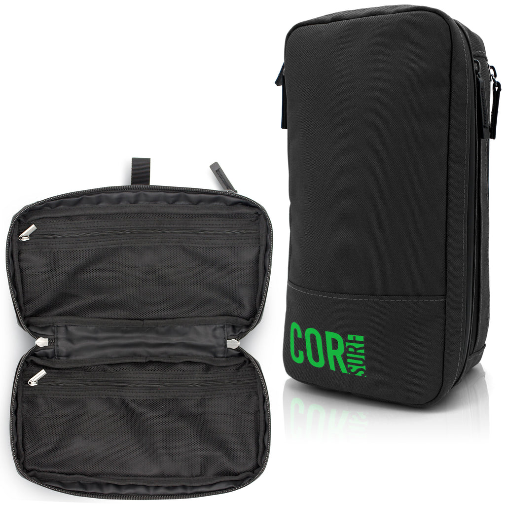 Black packing cubes, one open with mesh interior and one upright pouch