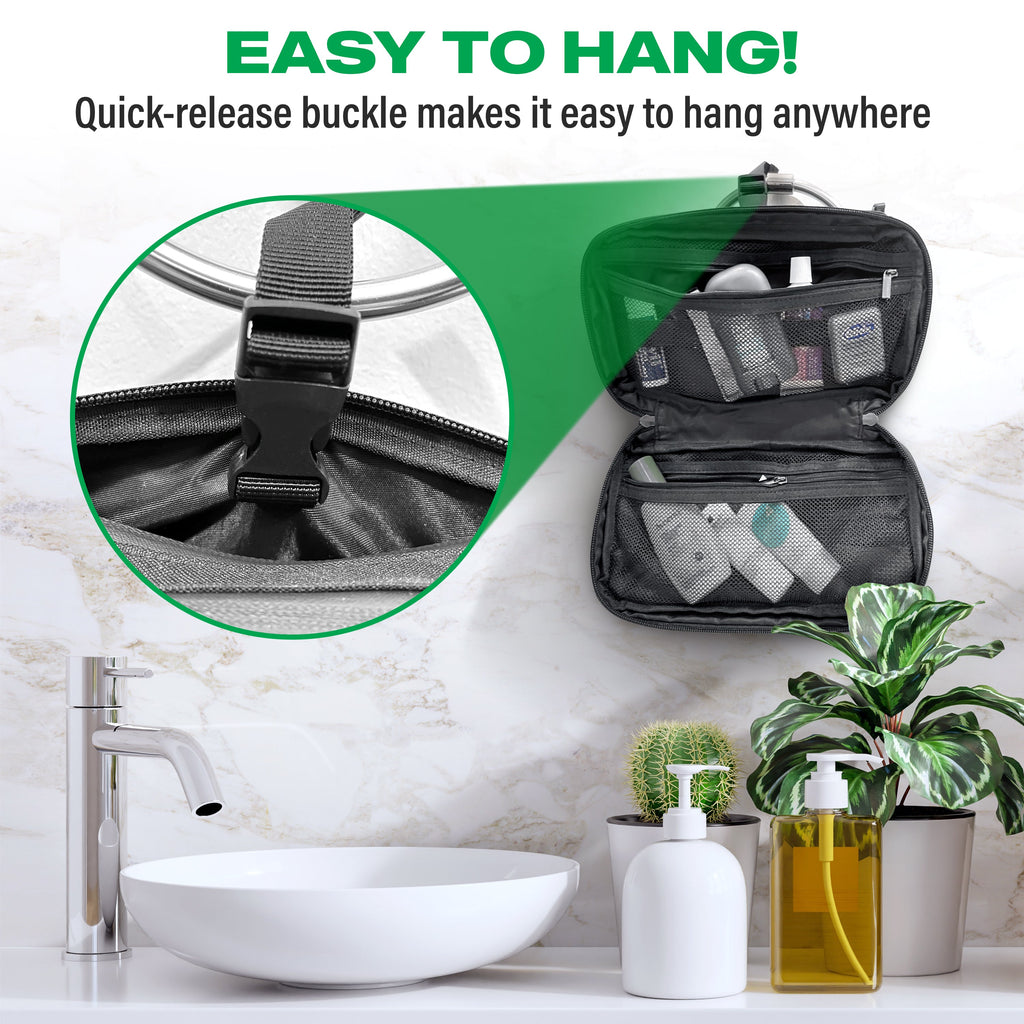Hanging toiletry bag with quick-release strap and interior compartments