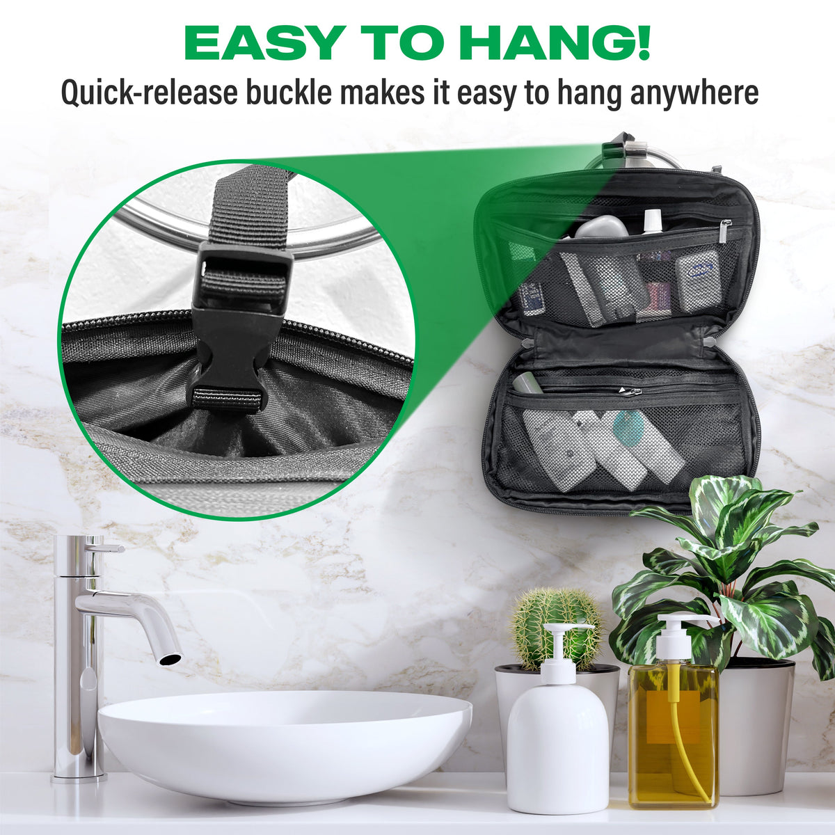Hanging toiletry bag with quick-release strap and interior compartments