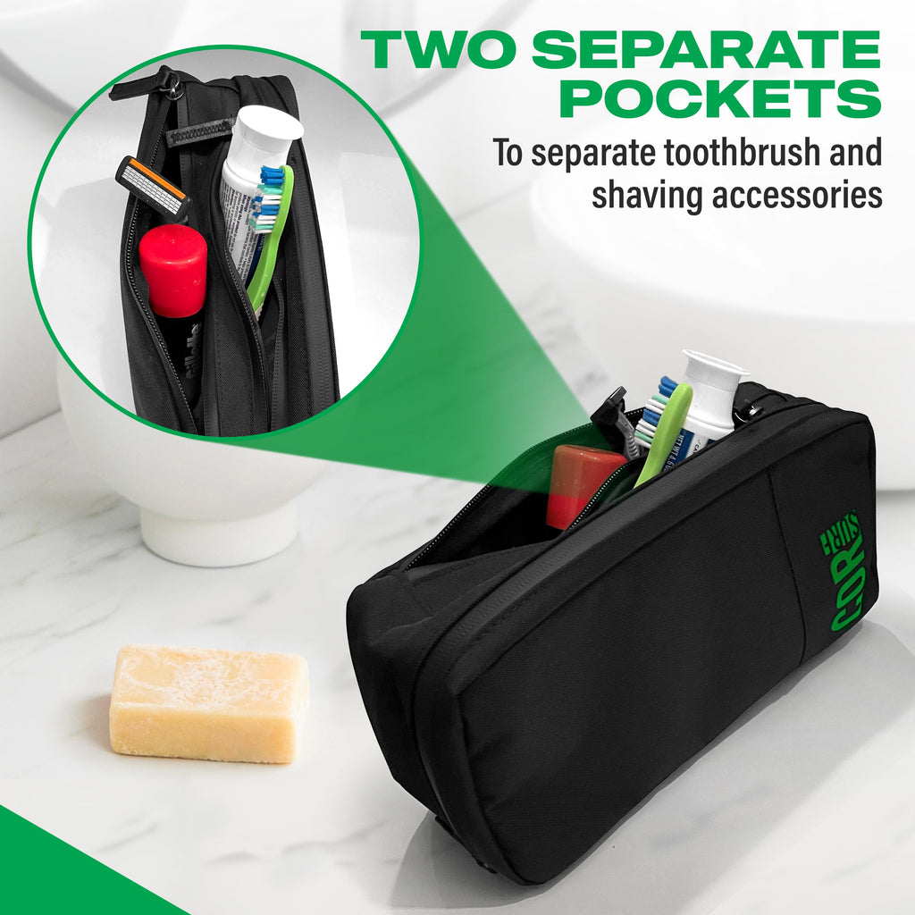Black toiletry case with two interior pockets for toothbrush and shaving items