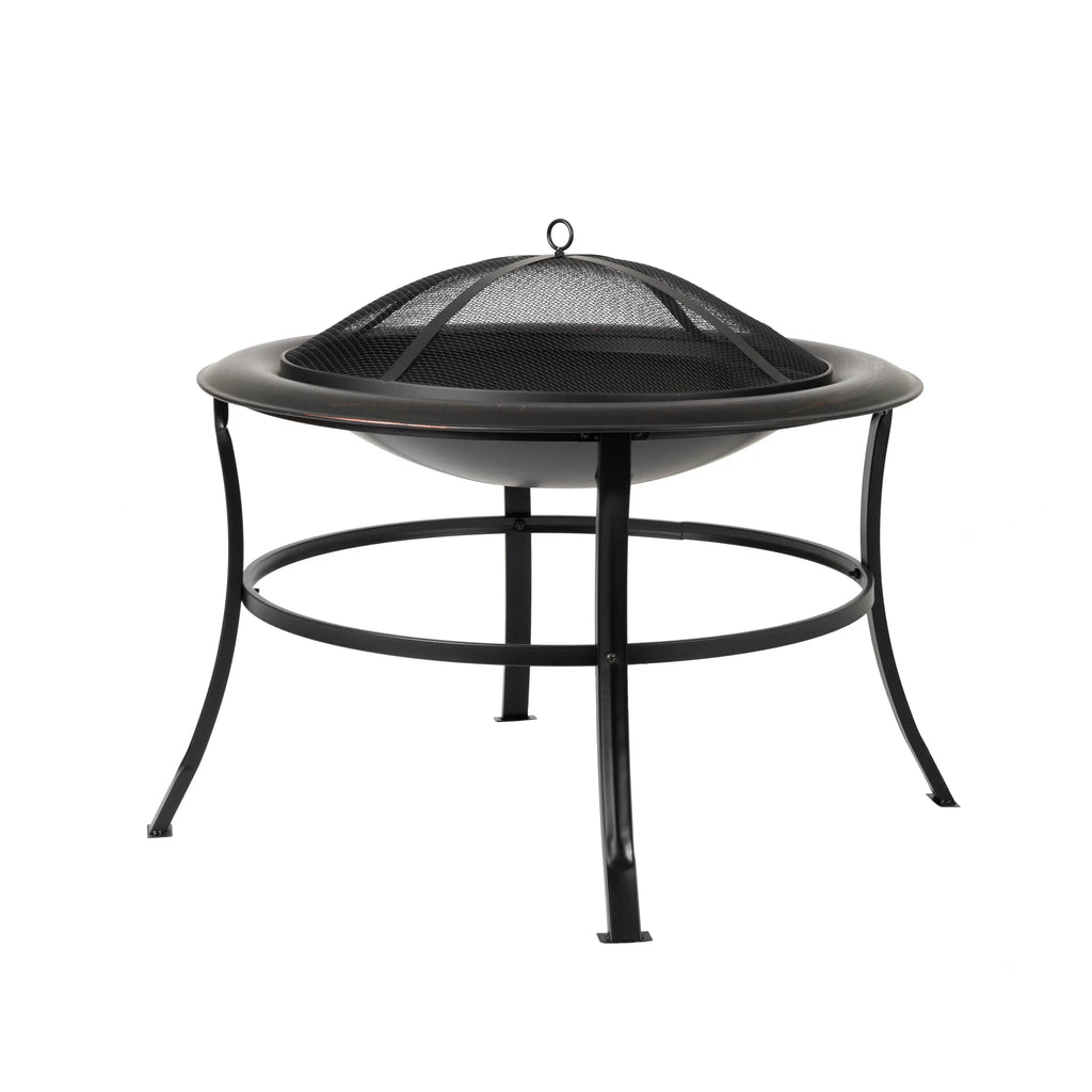 Round metal fire pit with mesh spark screen and domed lid handle