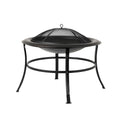 Round metal fire pit with mesh spark screen and domed lid handle