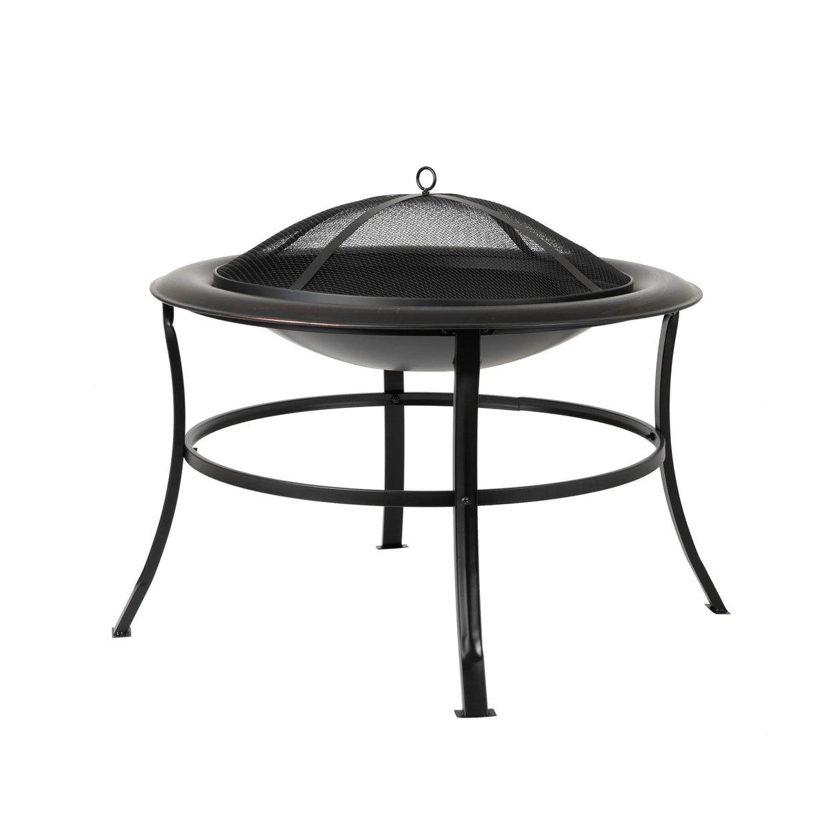 Round metal fire pit with mesh spark screen and domed lid handle
