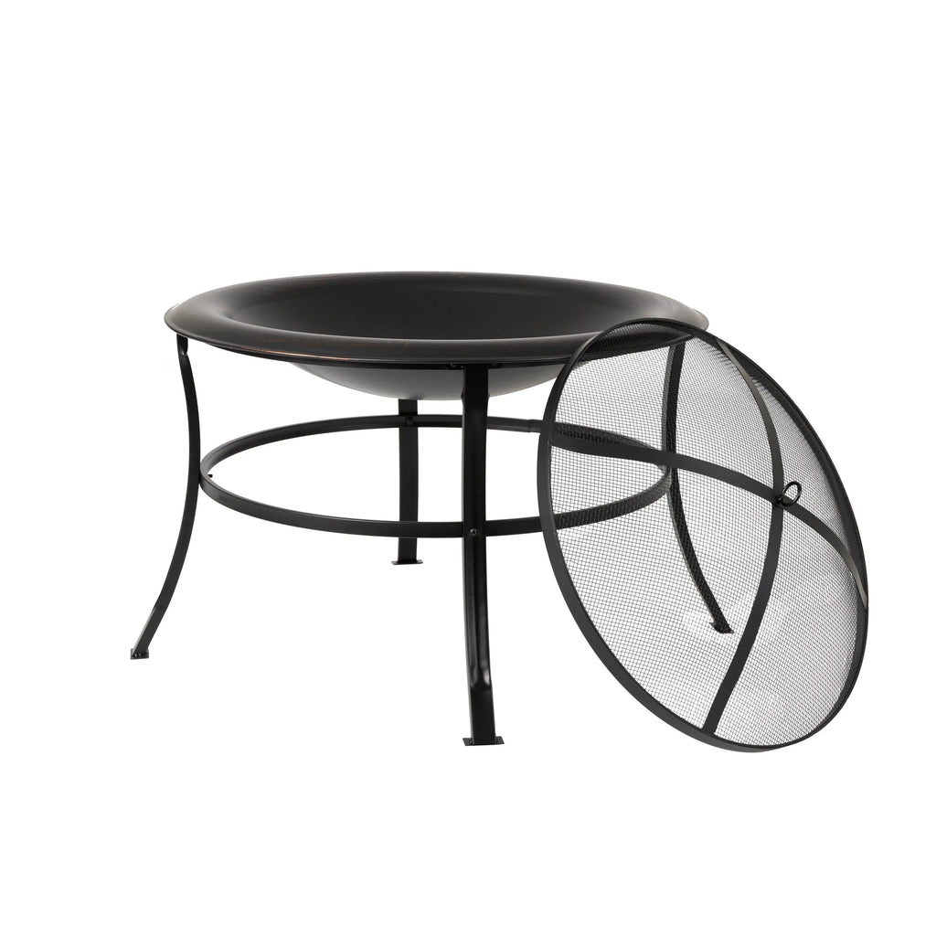 Round fire pit with mesh spark screen partially folded on side