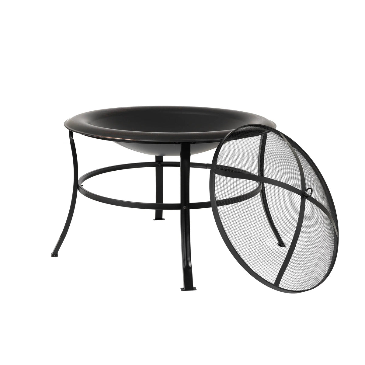 Round fire pit with mesh spark screen partially folded on side