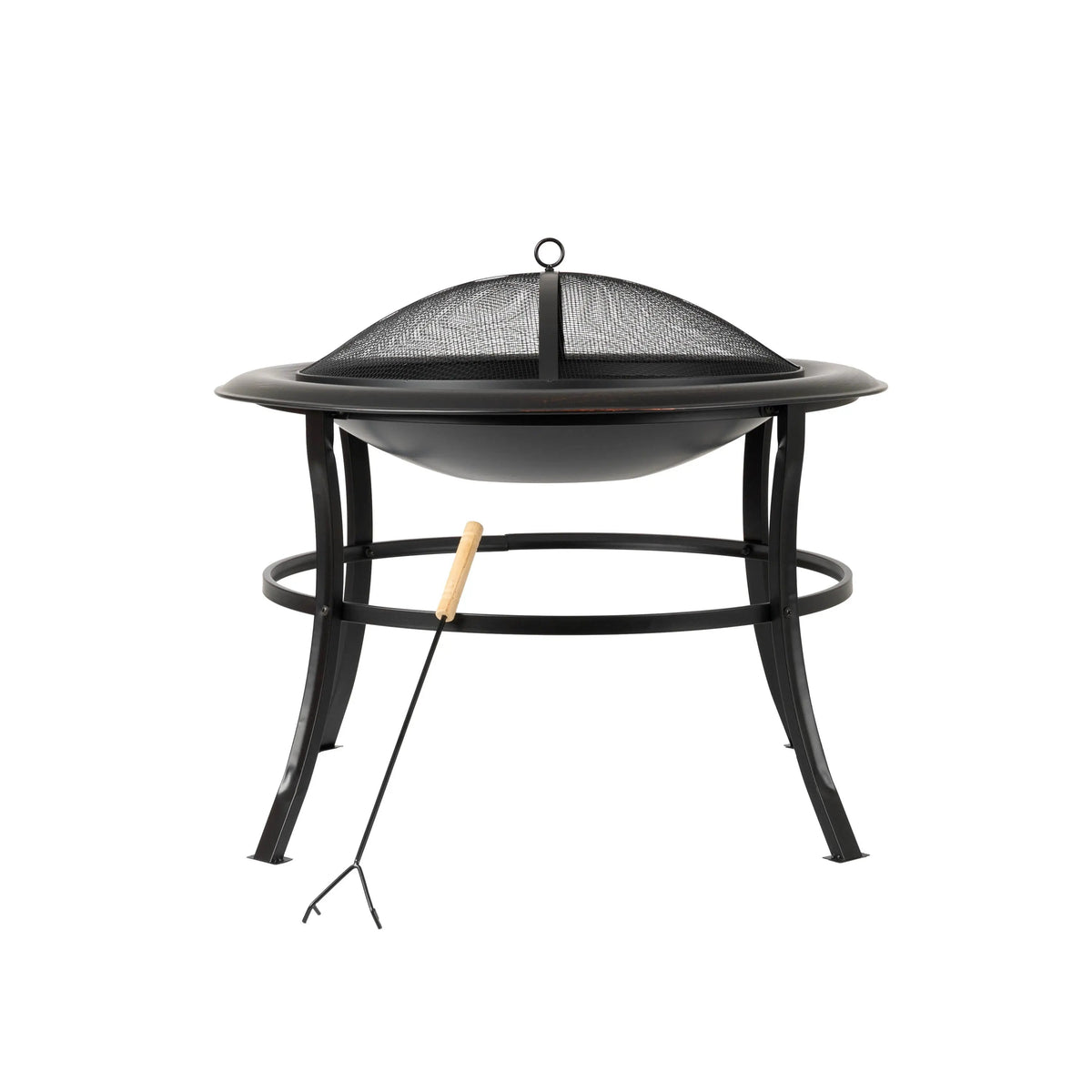 Round fire pit with mesh spark screen and wood tool handle accessory