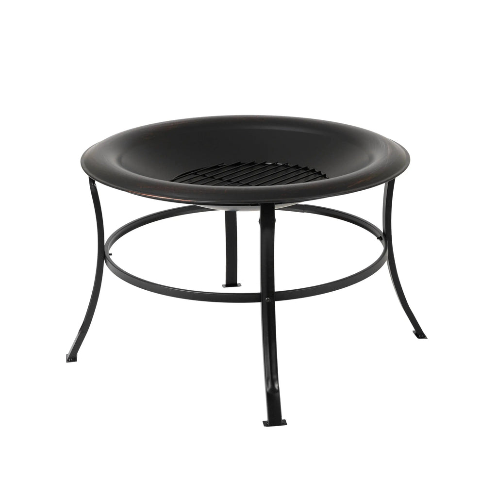 Round fire pit with open black bowl and wire support ring