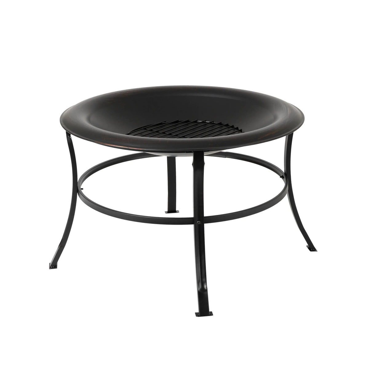 Round fire pit with open black bowl and wire support ring