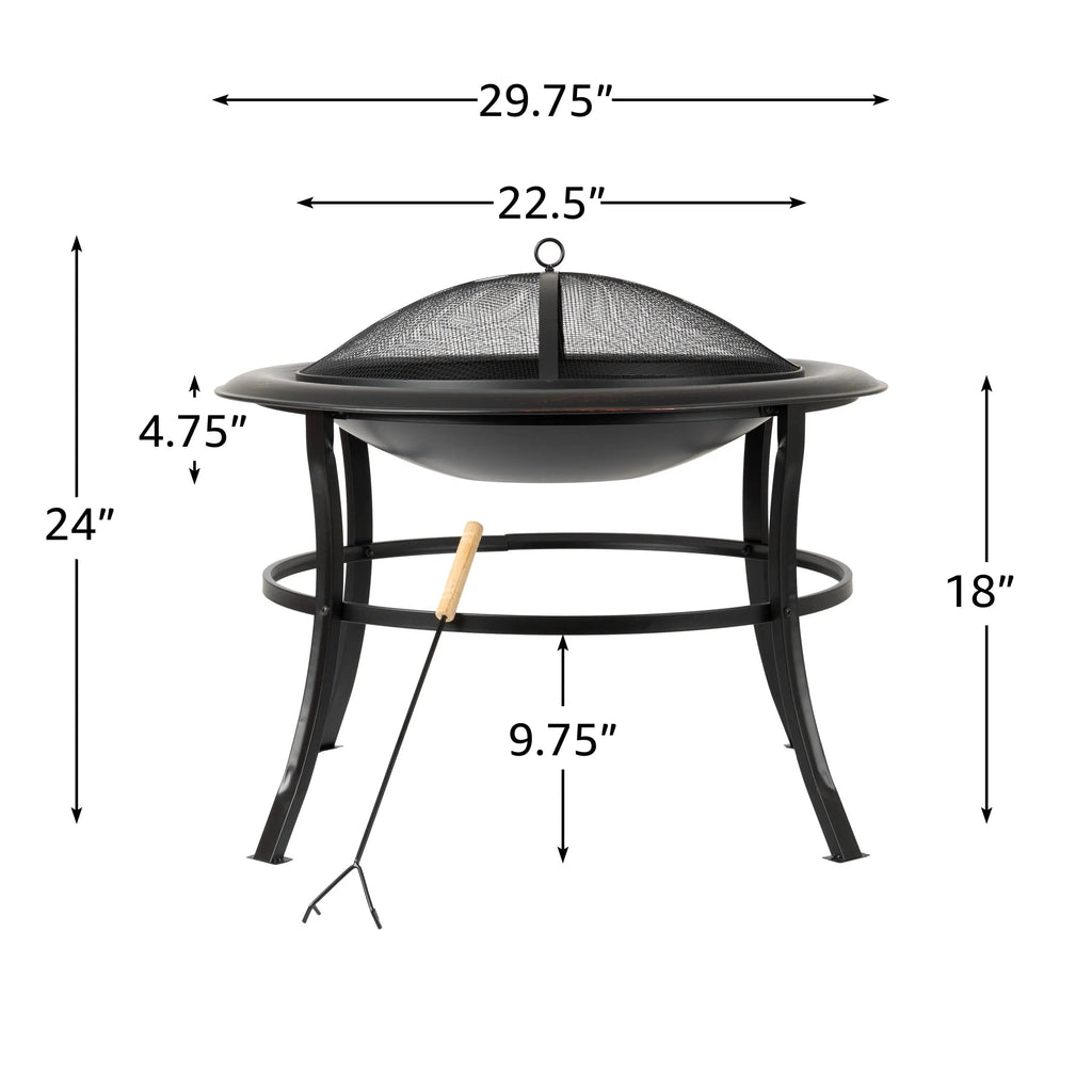 Round fire pit dimensions diagram with spark screen and tool