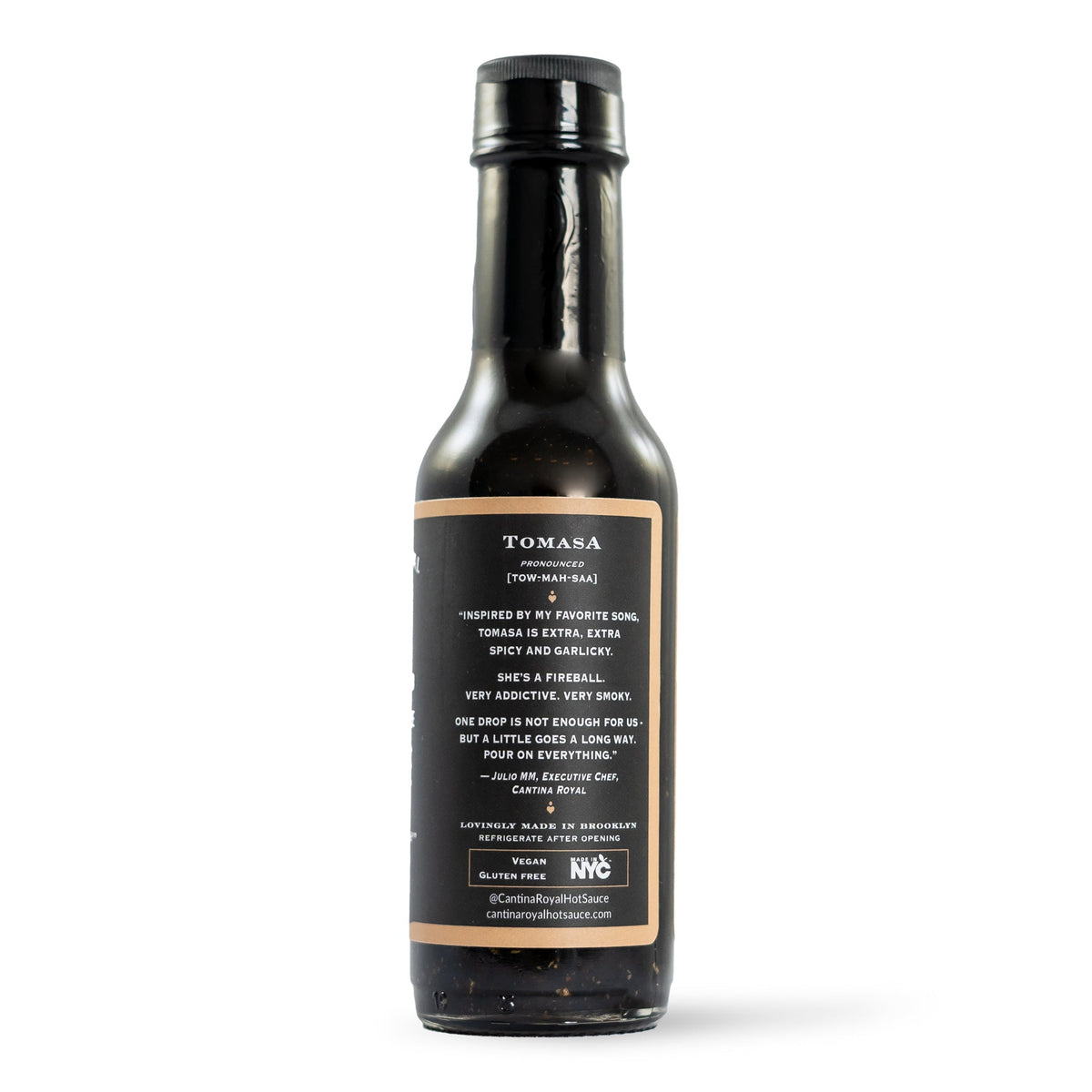 Hot sauce bottle back label with product details and barcode sticker.