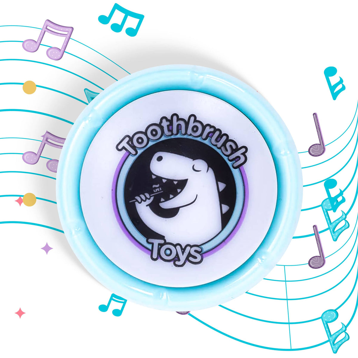 Light-blue circular toothbrush timer with Toothbrush Toys logo and shark icon