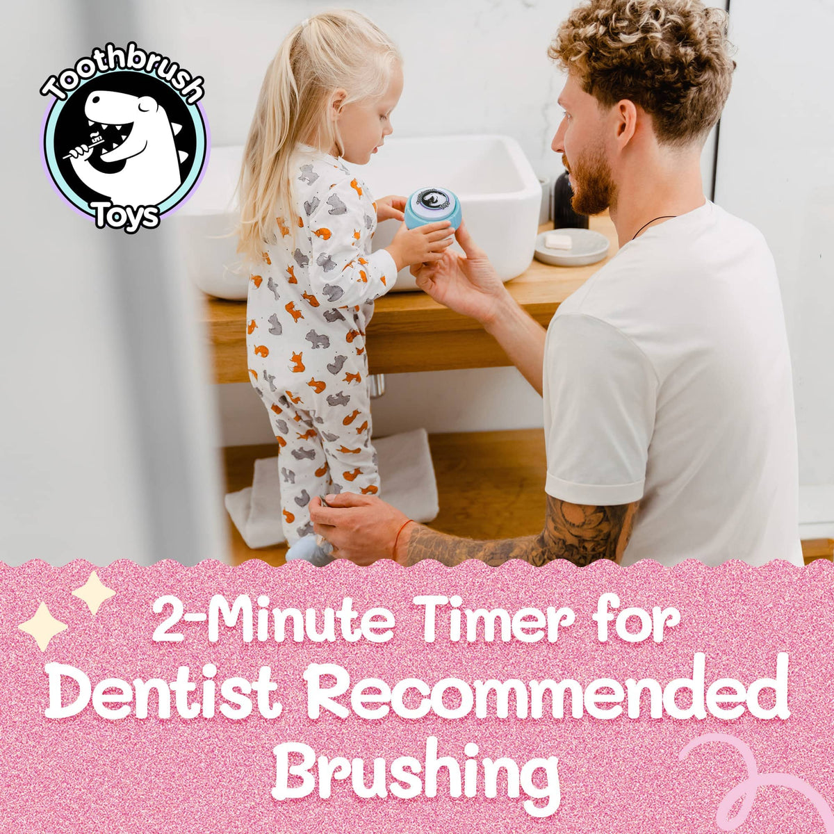 Toothbrush timer toy in use, light-blue device held by child near a sink