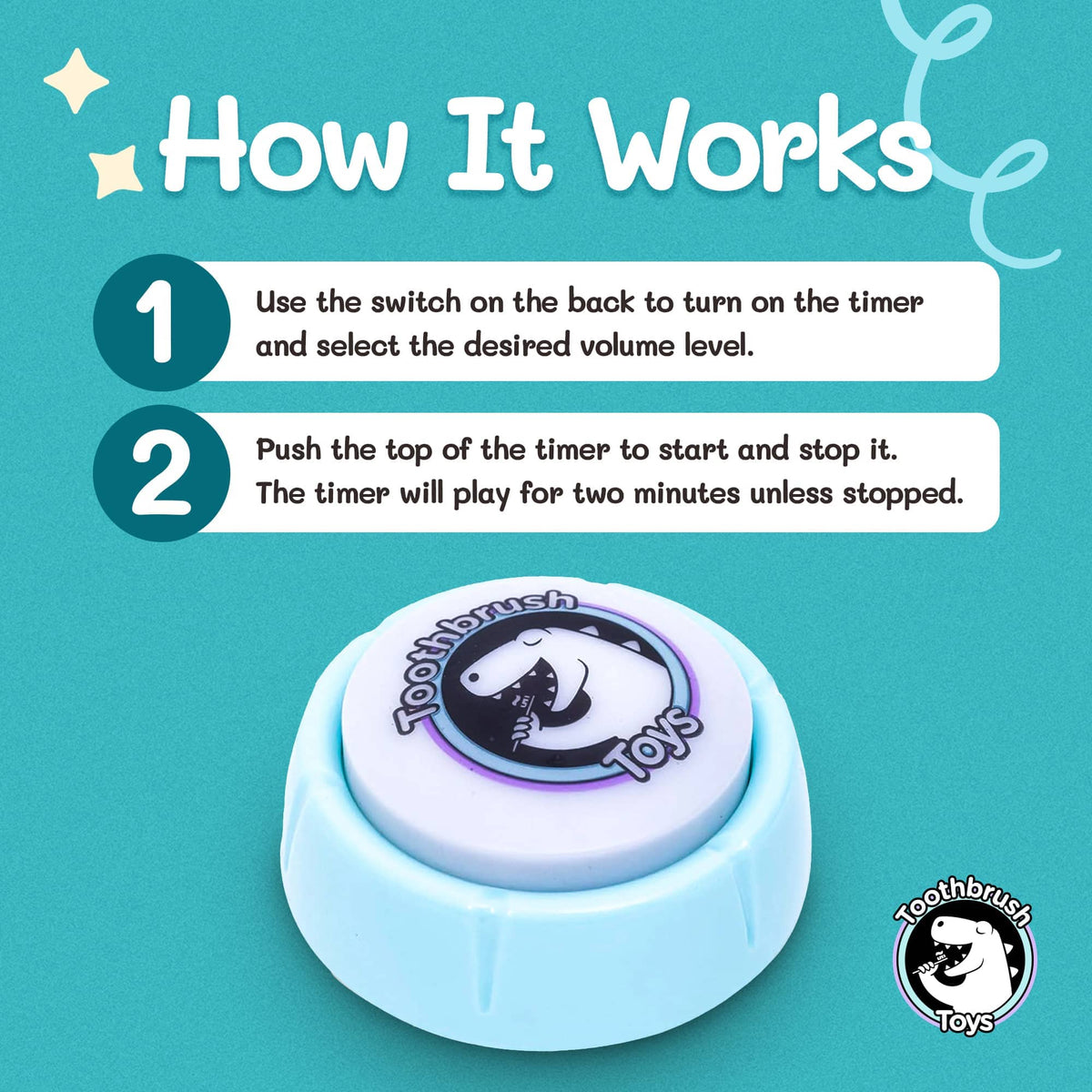 Light-blue toothbrush timer base with shark logo on the round top