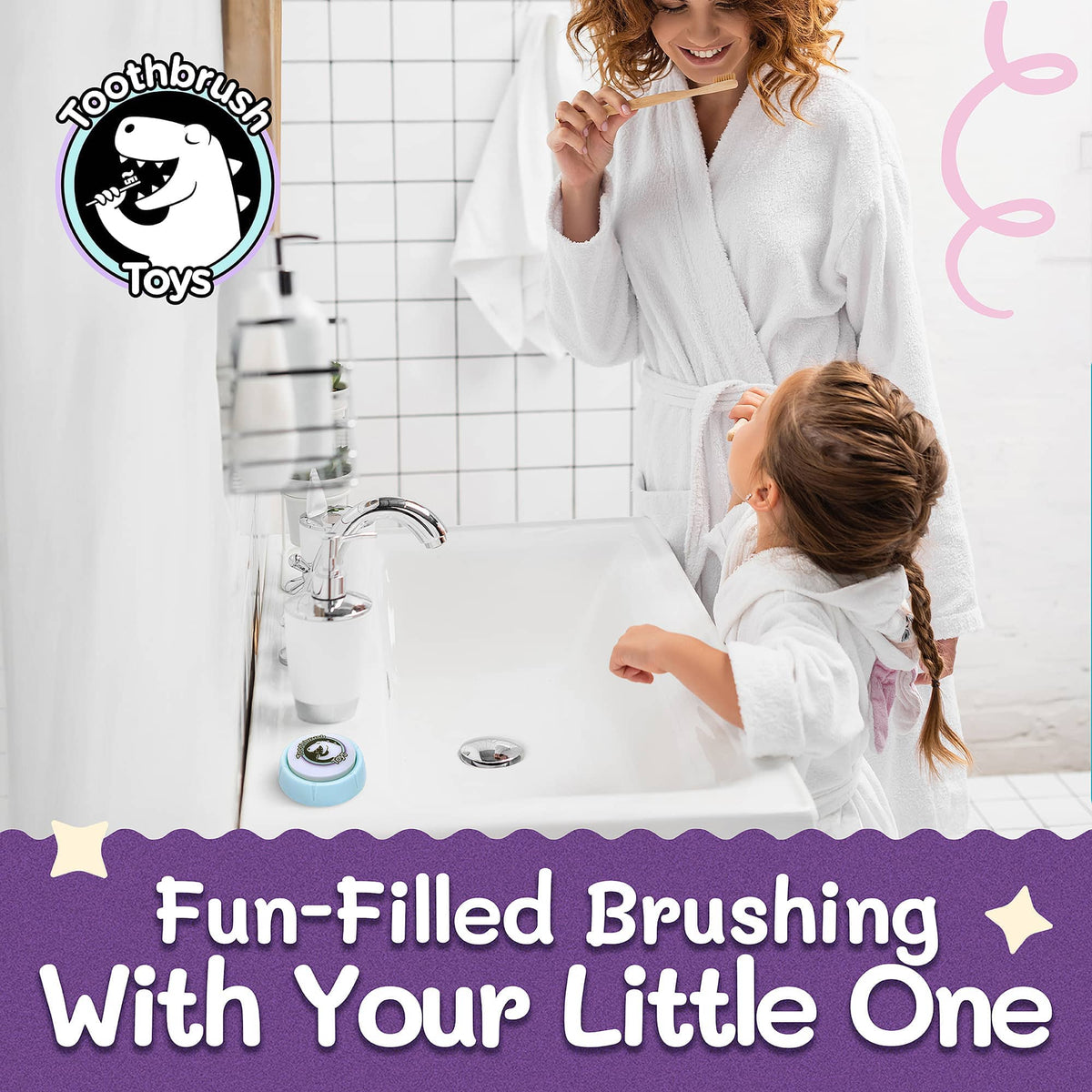 Toothbrush timer toy held by child, light-blue frame with shark character logo