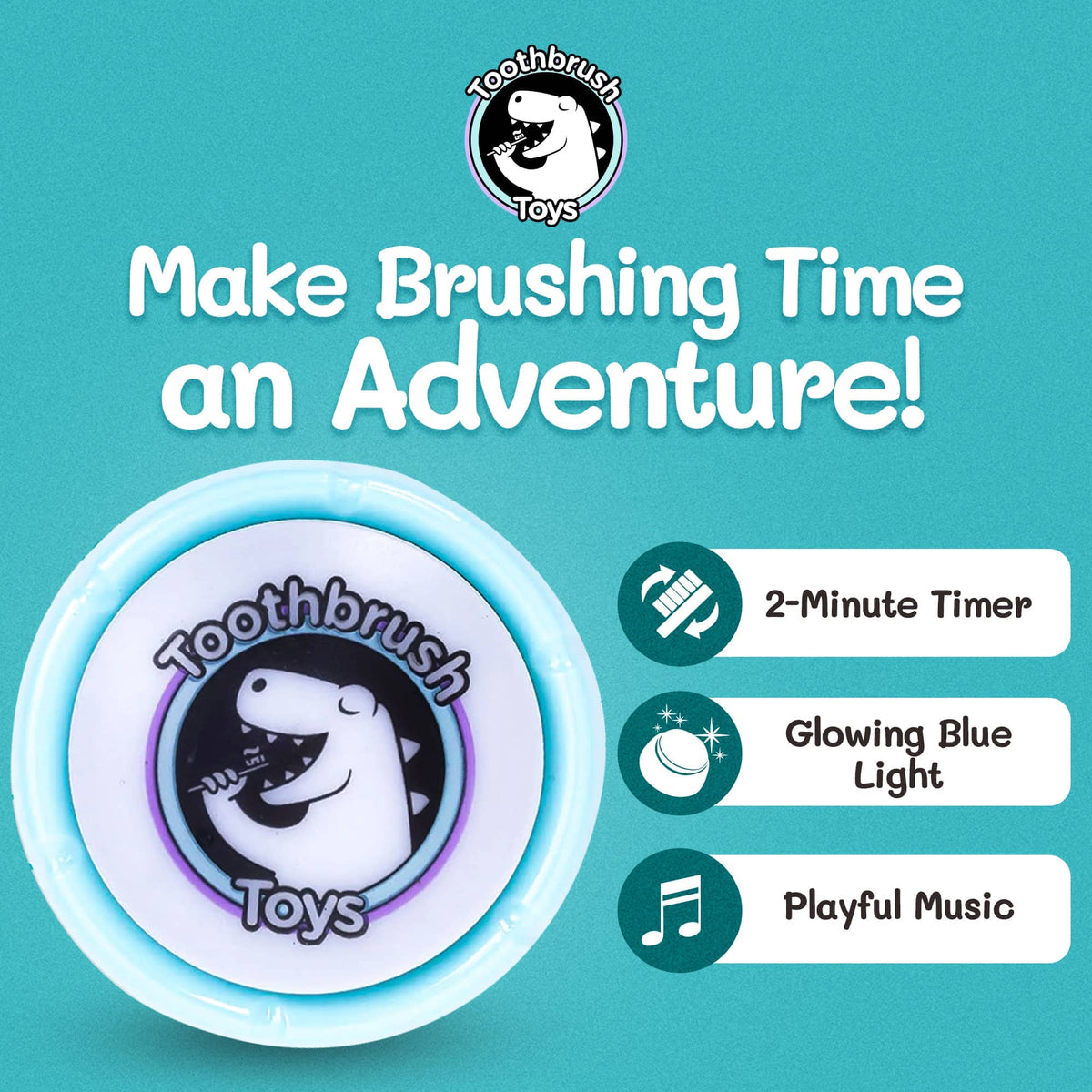 Light-blue toothbrush timer with Toothbrush Toys shark logo on circular frame