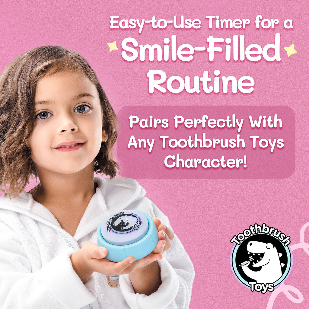 Light-blue toothbrush timer toy held by child, with shark character logo badge