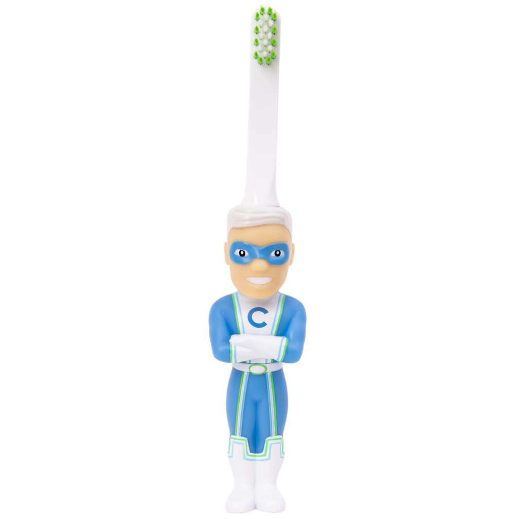 Kids character toy toothbrush with Captain Cavity figure handle and green bristles