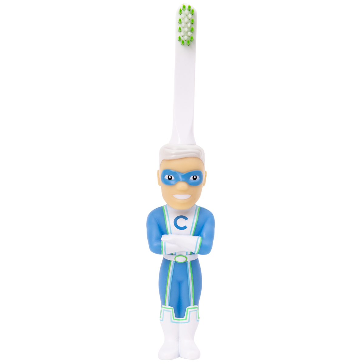 Kids character toy toothbrush with Captain Cavity figure handle and green bristles