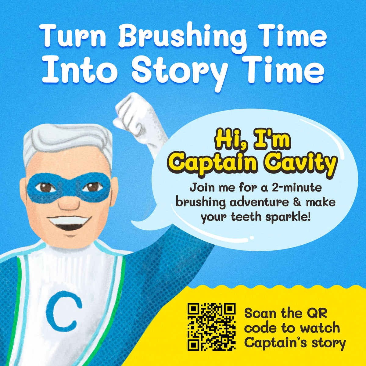 Kids character toy toothbrush with Captain Cavity figure and angled white handle