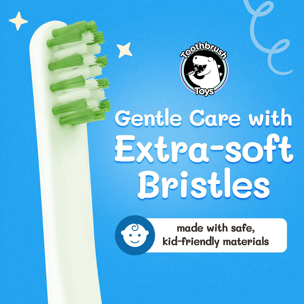 Kids toy toothbrush with extra-soft green bristles on a white handle