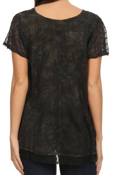 Black embroidered summer blouse with short lace-trim sleeves and straight back hem