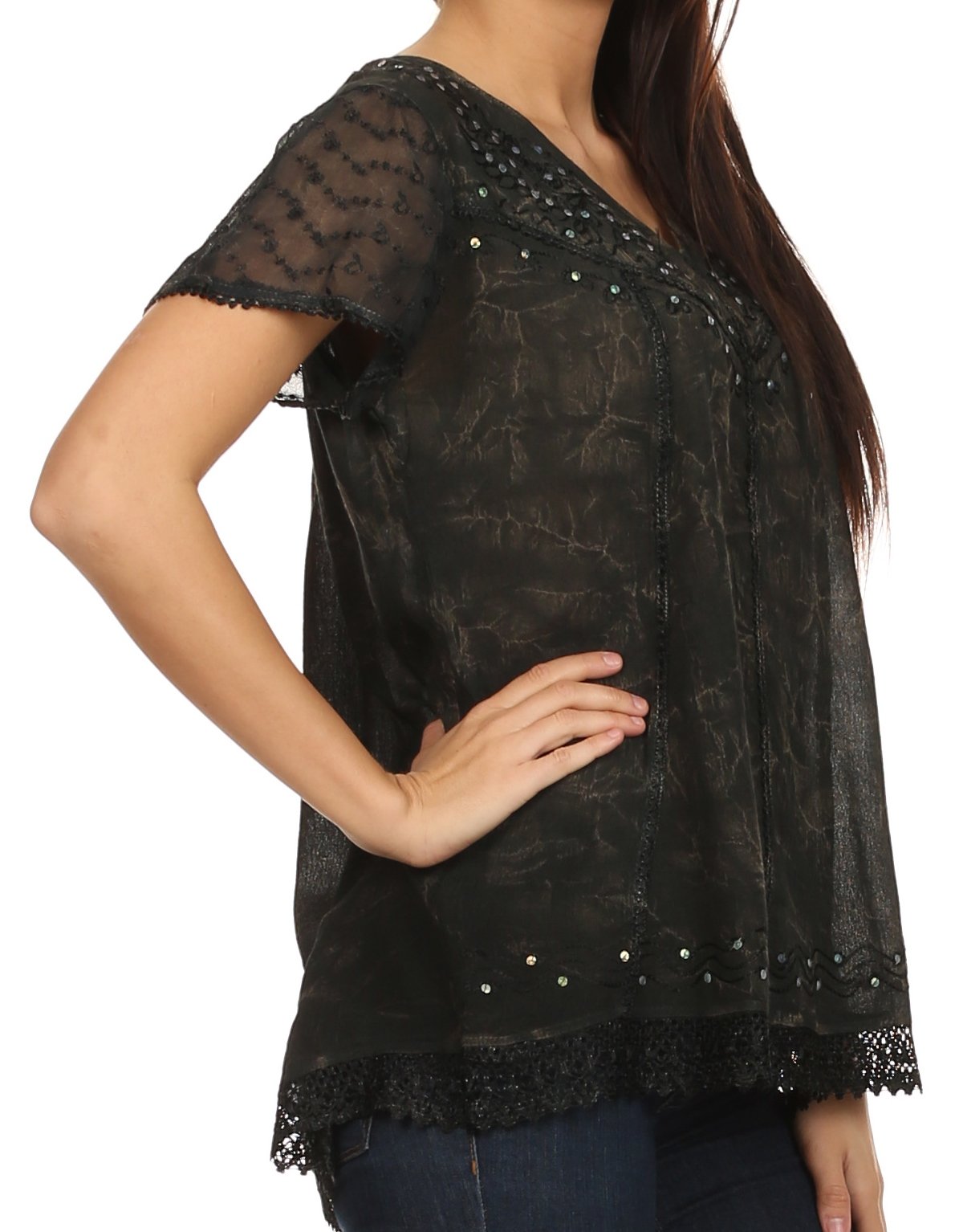 Black embroidered summer blouse with V-neck, sequin details and lace-trim bottom