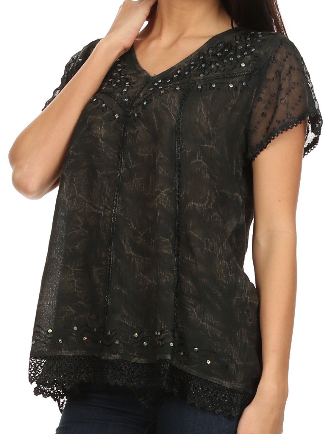 Black embroidered summer blouse with V-neck, sequin embellishment and lace-trim hem